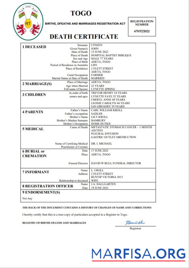 Hohe Qualität Togo vital record Tod Zertifikat Word and PDF Vorlage