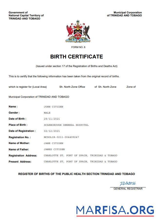 Realistisch Trinidad & Tobago Geburt Zertifikat Word and PDF Vorlage