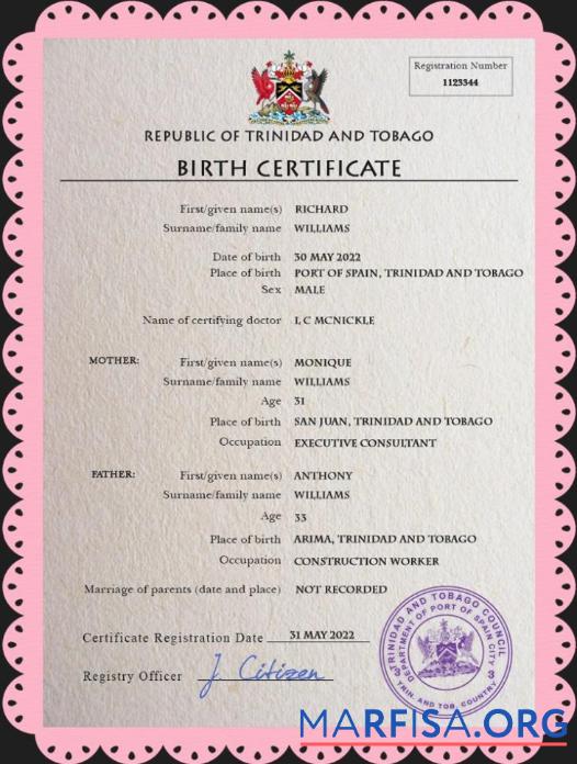 Premium Trinidad und Tobago vital record Geburt Zertifikat PSD Vorlage