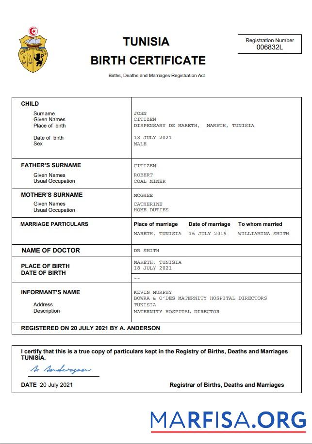 Bearbeitbar Tunesien vital record Geburt Zertifikat Word and PDF Vorlage