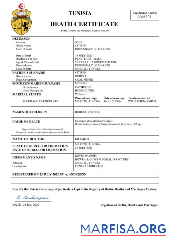 Premium Tunesien vital record Tod Zertifikat Word and PDF Vorlage