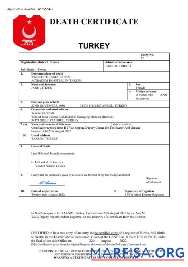 Premium Türkei vital record Tod Zertifikat Word and PDF Vorlage