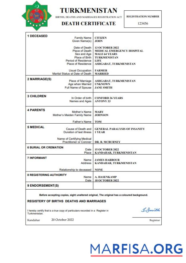 Bearbeitbar Turkmenistan Tod Zertifikat Word and PDF Vorlage