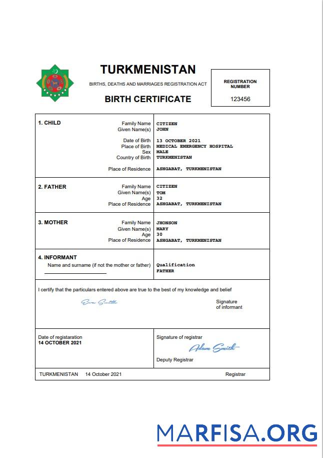 Realistisch Turkmenistan vital record Geburt Zertifikat Word and PDF Vorlage