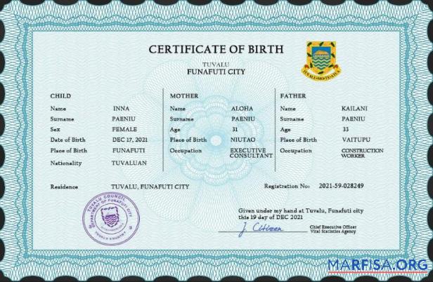 Bearbeitbar Tuvalu vital record Geburt Zertifikat PSD Vorlage