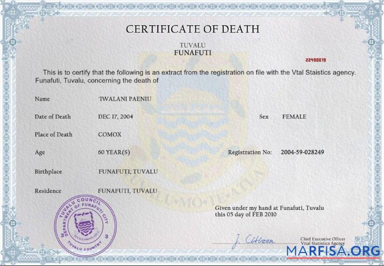 Hohe Qualität Tuvalu vital record Tod Zertifikat PSD Vorlage