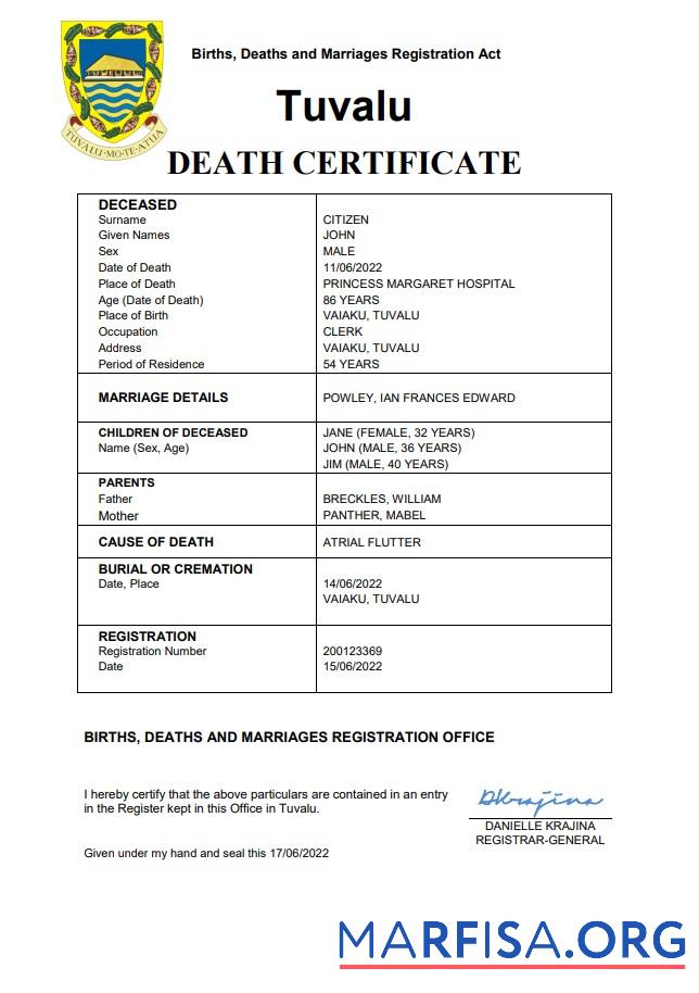 Bearbeitbar Tuvalu vital record Tod Zertifikat Word and PDF Vorlage