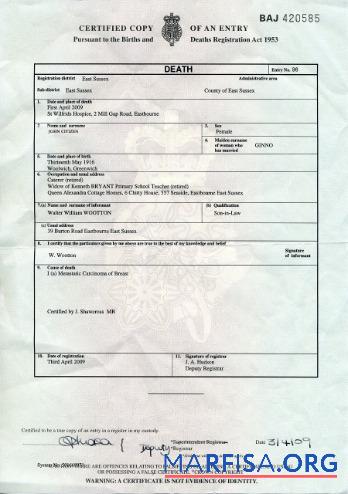 Vereinigtes Königreich Births and deaths Registry of East Sussex Tod Zertifikat Probe