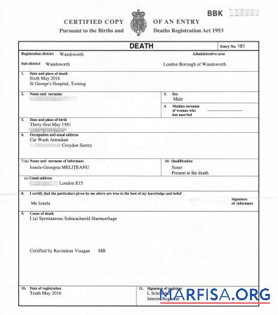 Vereinigtes Königreich Births and deaths registry of Wandsworth Tod Zertifikat Vorschau