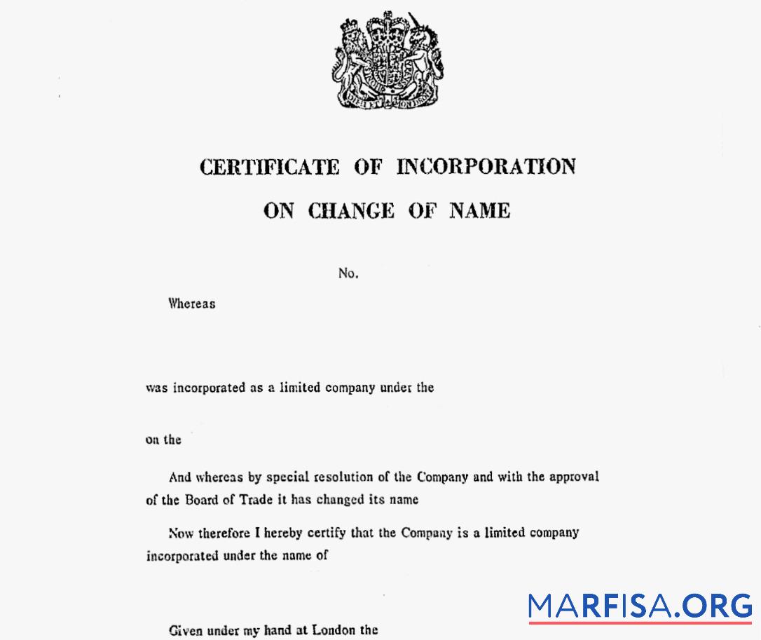 Vereinigtes Königreich Zertifikat of incorporation of change of name Probe