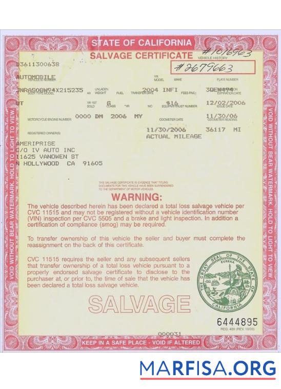 USA California salvage Zertifikat Probe