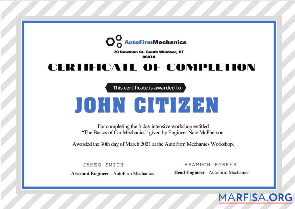 Hohe Qualität USA Car Workshop Experience Zertifikat Vorlage in Word and PDF Format