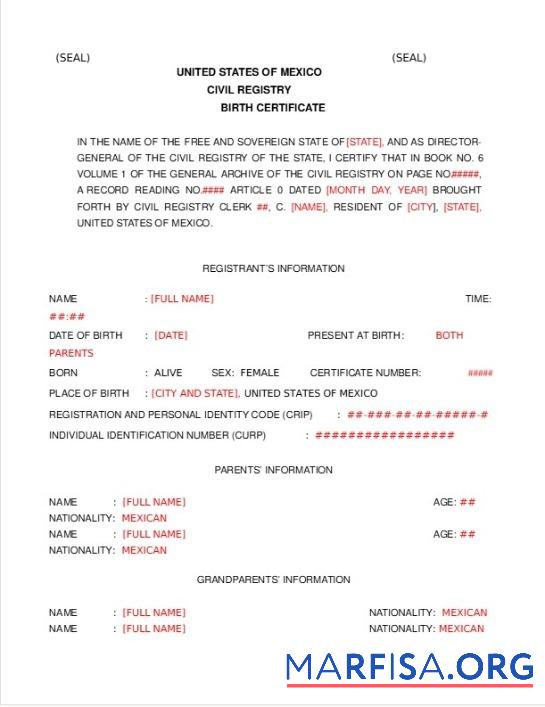 USA Civil registry of Mexiko Geburt Zertifikat Probe