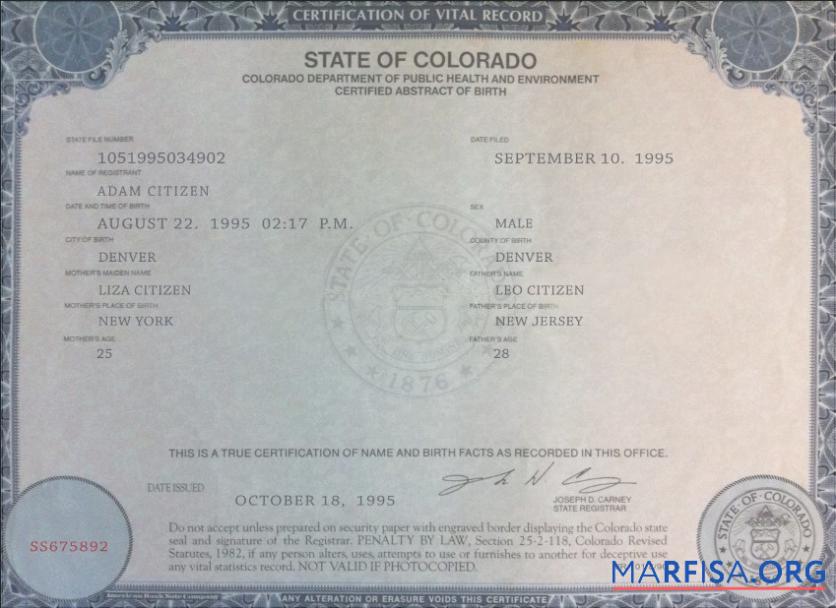 Bearbeitbar USA Colorado state Geburt Zertifikat Vorlage in PSD Format
