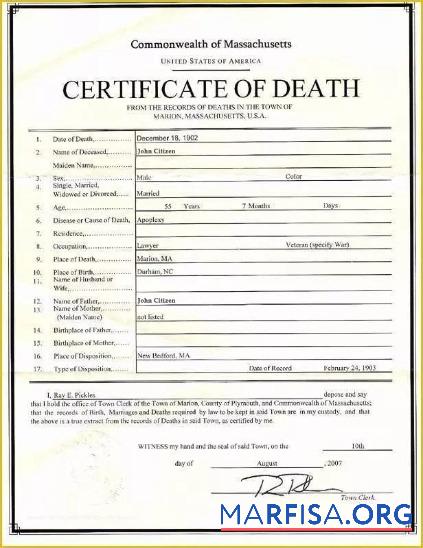 USA Commonwealth of Massachusetts the records of deaths in Marion Tod Zertifikat Mockup