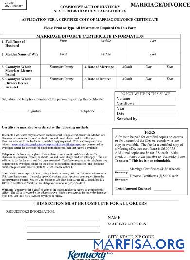 USA Commonwealth of State registrar of vital Statistik of Kentucky Scheidung Zertifikat Probe