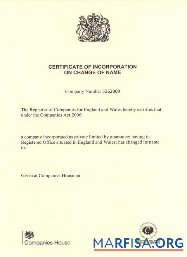 USA Companies house Zertifikat of incorporation of name change Design