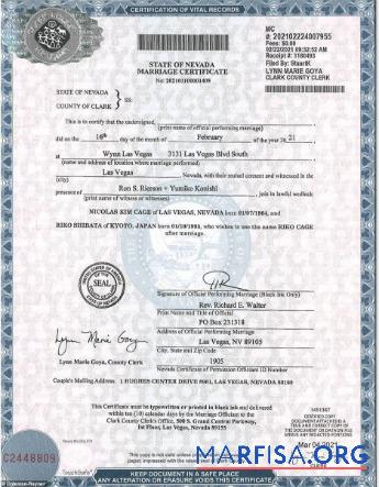 USA County of clark Ehe Zertifikat Probe