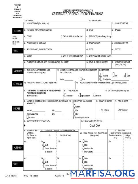 USA Department of Gesundheit Missouri Scheidung Zertifikat Vorlage