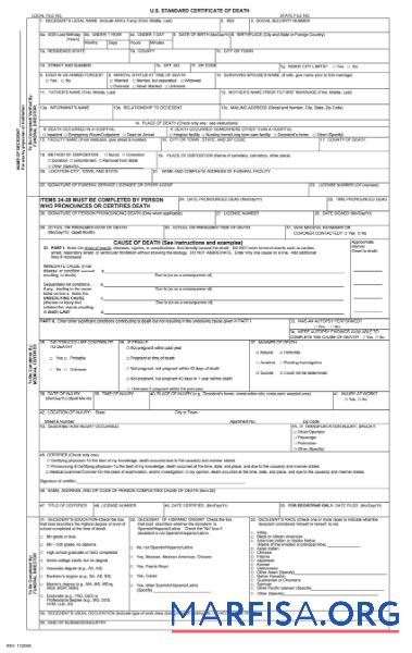 USA General Register Tod cetificate Vorlage