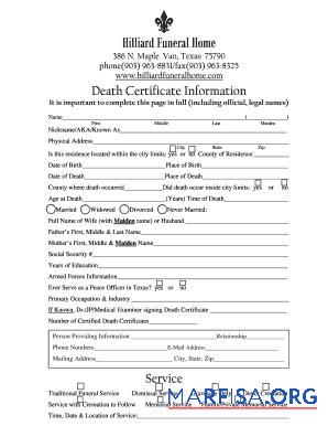 USA Hilliard funeral home Tod Zertifikat Vorlage