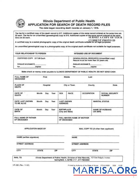 USA Illinois Department of public Gesundheit Tod Zertifikat Vorschau