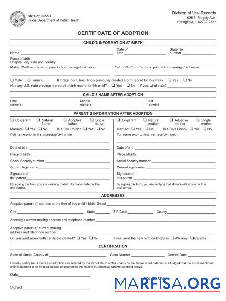 USA Illinois department of public Gesundheit adoption Zertifikat Vorlage