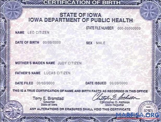 Bearbeitbar USA Iowa state Geburt Zertifikat Vorlage in PSD Format