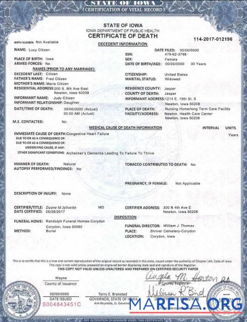 Professionell USA Iowa state Tod Zertifikat Vorlage in PSD Format