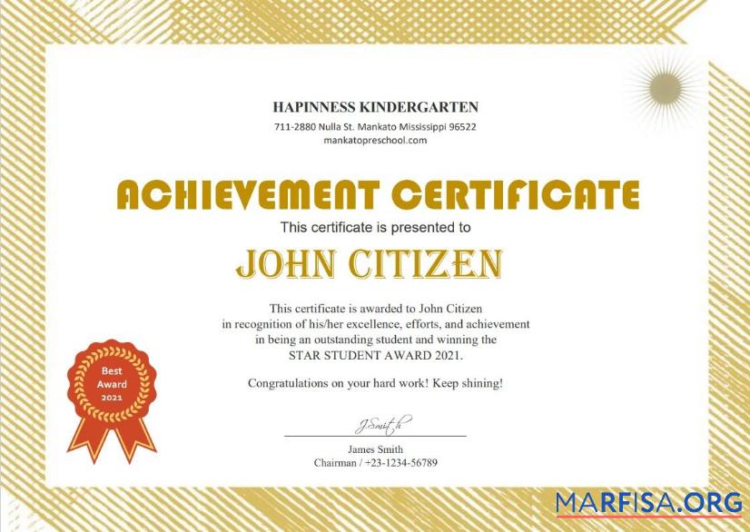 Professionell USA Kindergarten Zertifikat Vorlage in Word and PDF Format