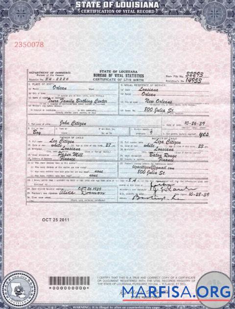 USA Louisiana Geburt cert Probe