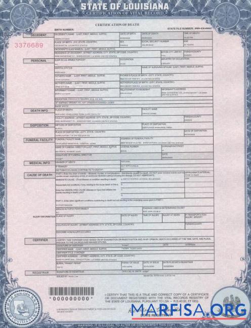 USA Louisiana Tod cert Vorlage