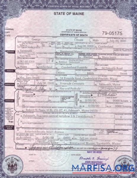 Hohe Qualität USA Maine state Tod Zertifikat Vorlage in PSD Format