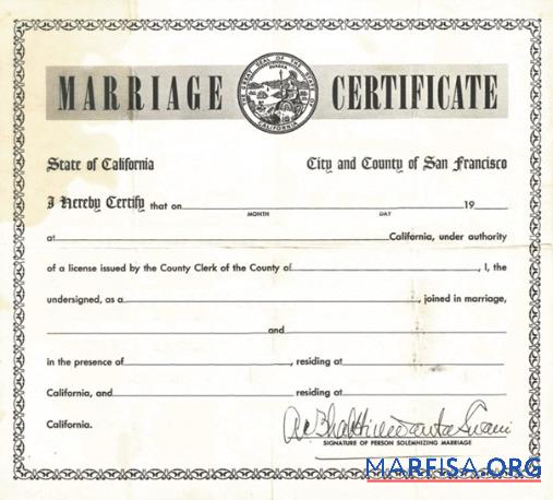 USA Ehe registry of California Ehe Zertifikat Mockup