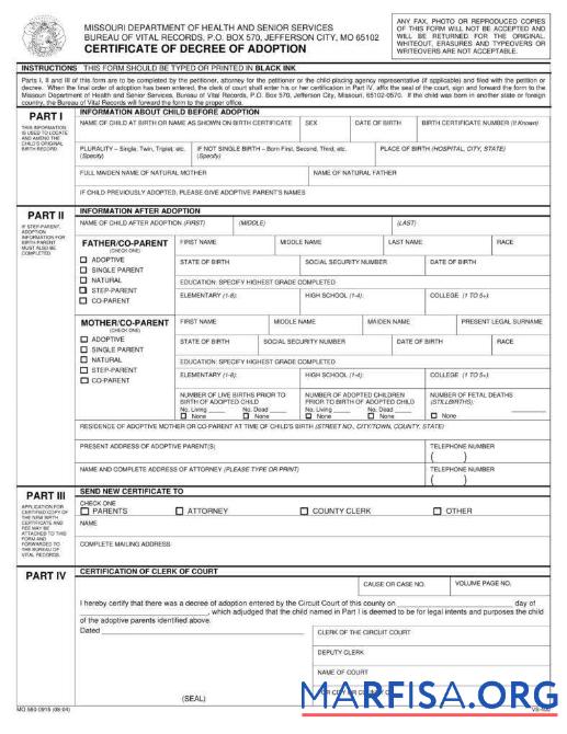 USA Missouri Department of Gesundheit adoption Zertifikat Vorschau