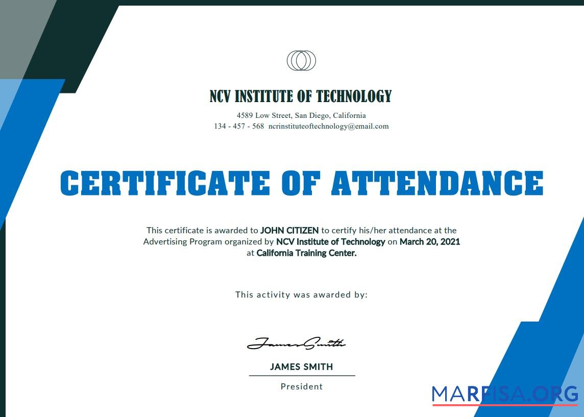 USA NCV Institute of Technologie Event Cert Design