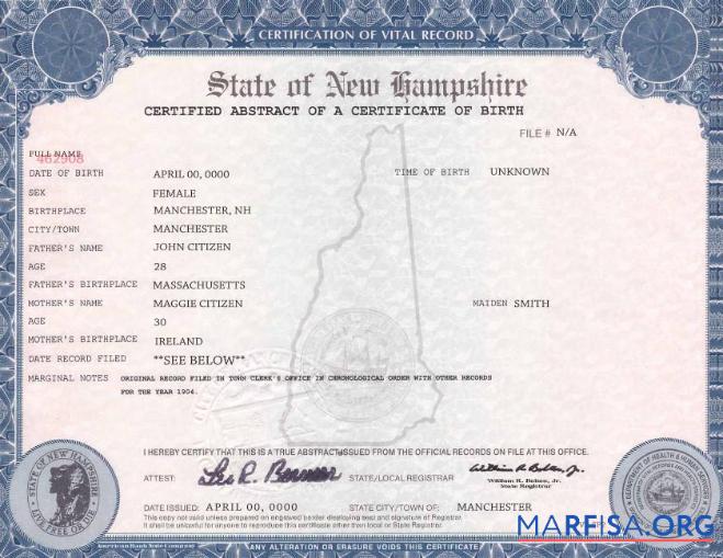 USA Neu Hampshire Geburt cert Vorschau