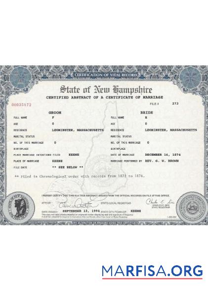 USA Neu Hampshire cerificate of Ehe Vorschau