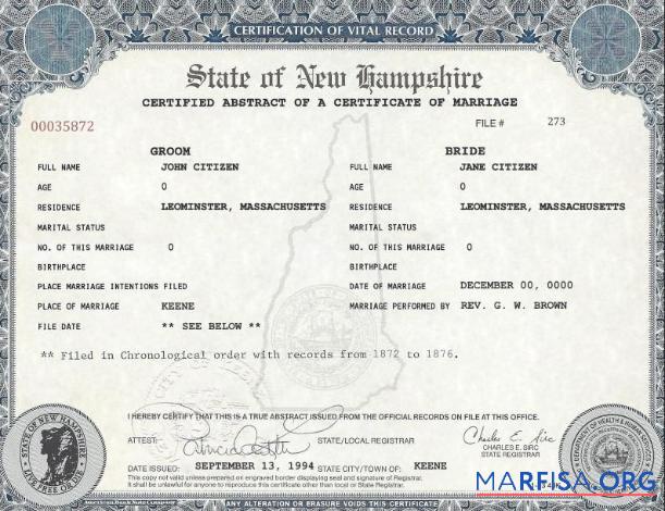 USA Neu Hampshire Ehe cert Design