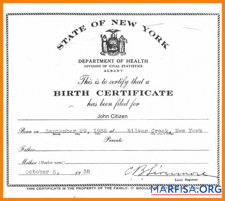 USA Neu York Department of Gesundheit Zertifikat of Geburt Probe