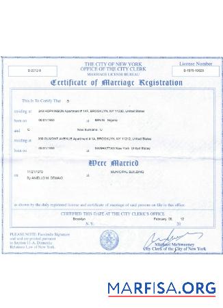 USA Neu York Zertifikat of Ehe Registrierung Vorschau