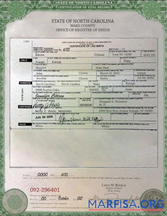 USA North Carolina Geburt cert Probe