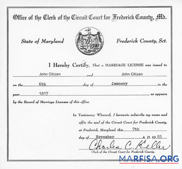 USA Office of circuit court for Frederick county Ehe Zertifikat Vorlage