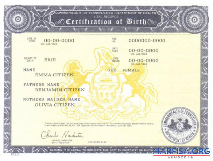 USA Pennsylvania Geburt cert Probe
