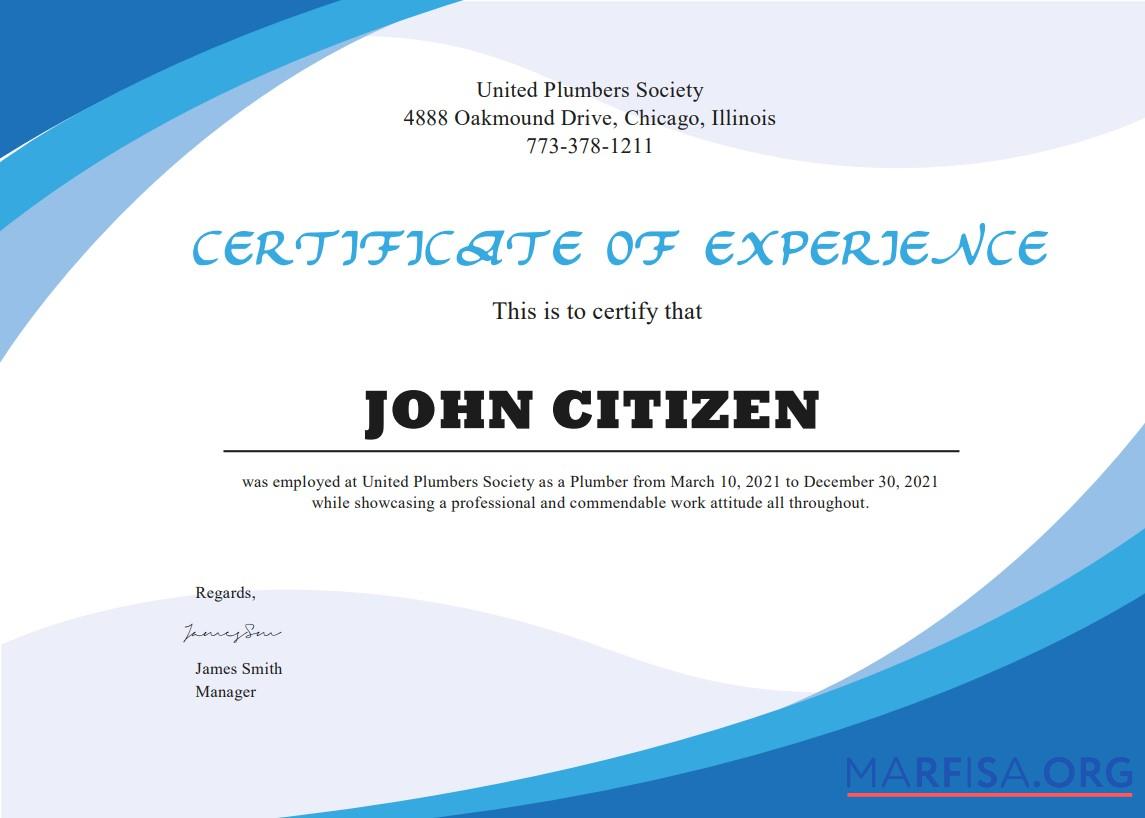 USA Plumbing Experience cert Design