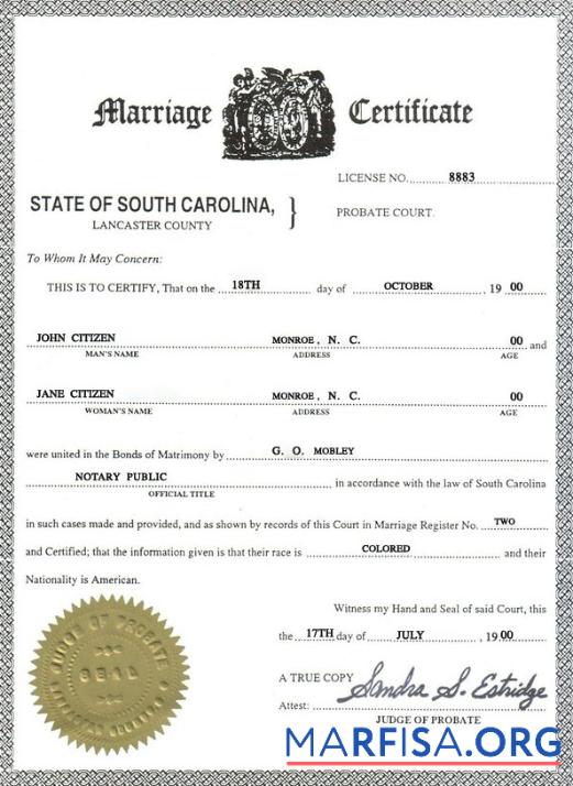 Realistisch USA South Carolina Ehe Zertifikat Vorlage in PSD Format