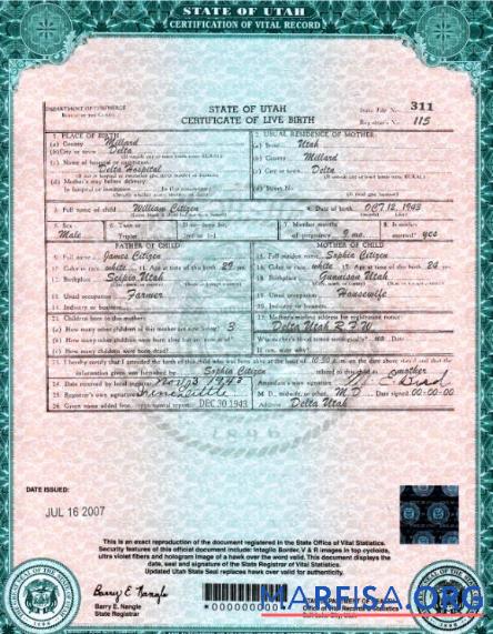 Premium USA Utah state Geburt Zertifikat Vorlage in PSD Format