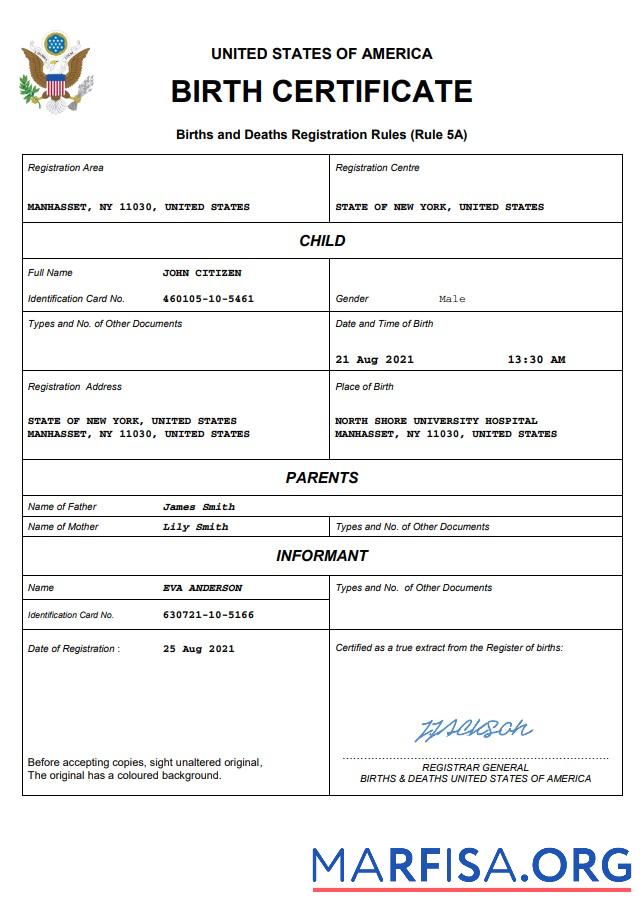 Realistisch USA Geburt Zertifikat Word and PDF Vorlage