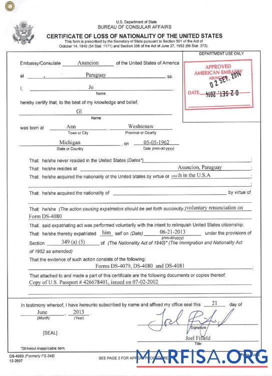 USA Zertifikat of Verlust of nationality Mockup