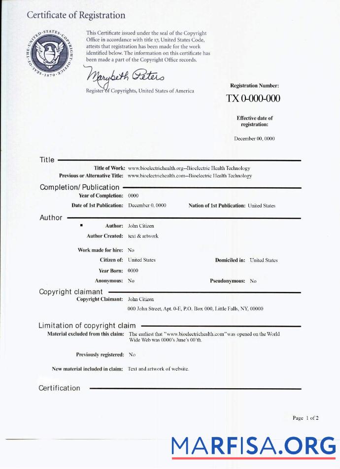 USA copywrite Zertifikat of Registrierung PSD Probe Vorlage